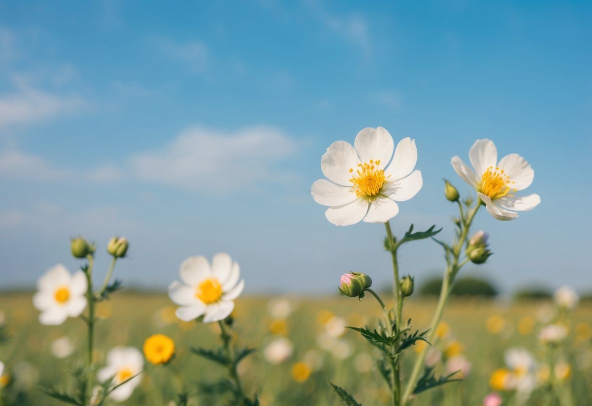 Um campo sereno e aberto com flores em flor e um céu azul claro, simbolizando fertilidade e a jornada em direção à concepção.