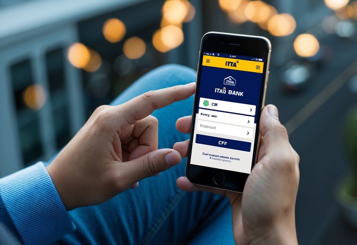 Uma pessoa usando um smartphone para acessar o aplicativo do banco Itaú, inserindo seu CPF para verificar os detalhes da conta.