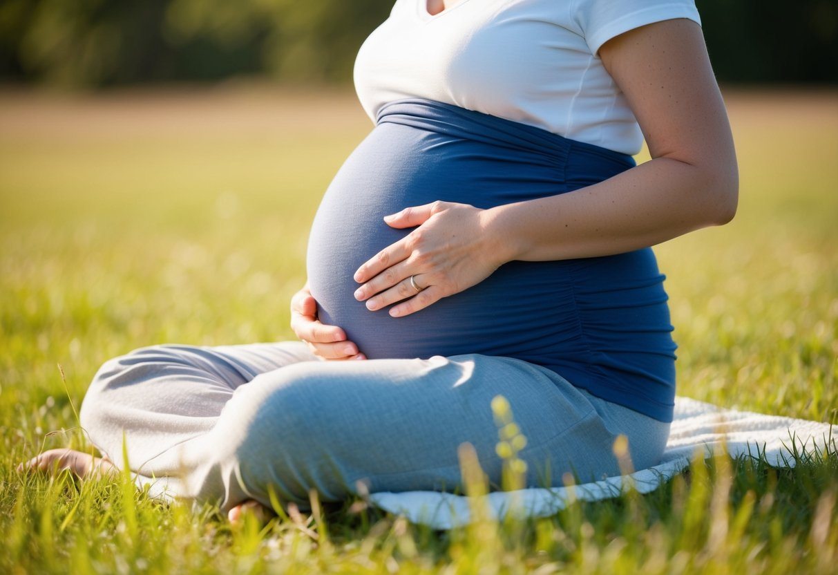 Uma barriga grávida se dobra levemente enquanto a mulher se senta, mostrando a fisiologia natural da gravidez.