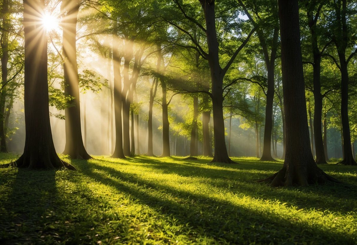 Uma floresta serena com a luz do sol filtrando através das árvores, projetando sombras manchadas no chão. O som do canto dos pássaros e das folhas farfalhando preenche o ar, criando uma atmosfera pacífica e tranquila.