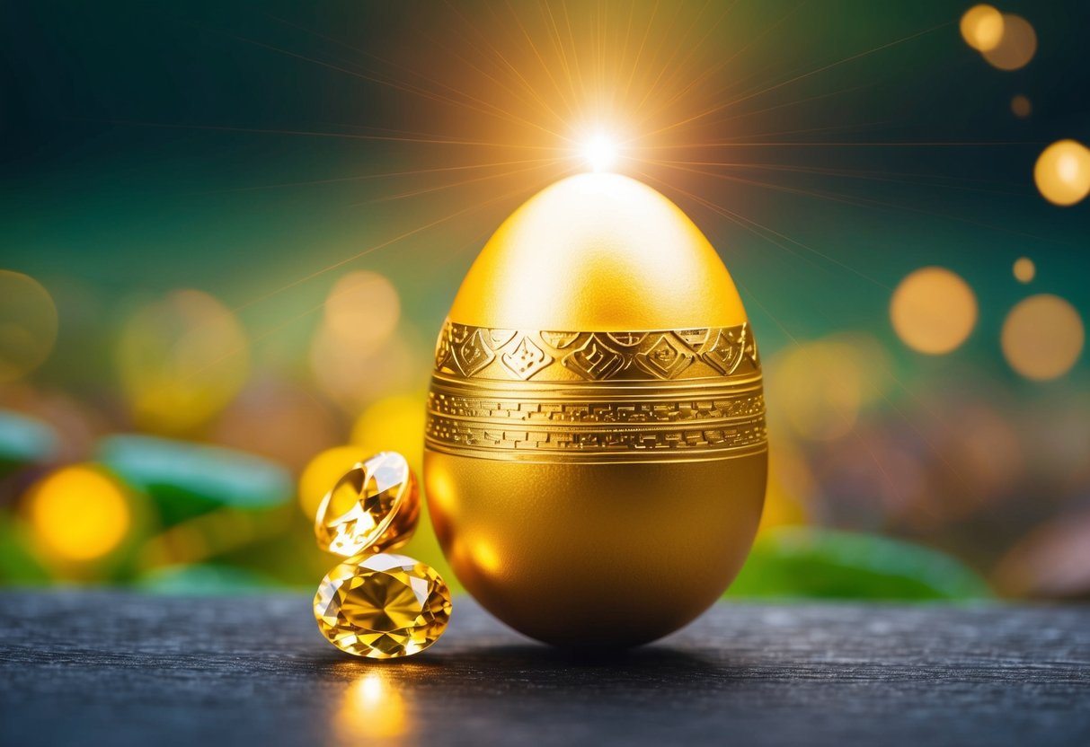 Um ovo dourado com duas gemas brilhantes, irradiando energia espiritual em um ambiente tranquilo