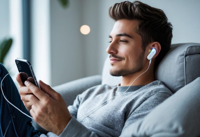 Pessoa usando fone Bluetooth enquanto segura celular conectado ao carregador.