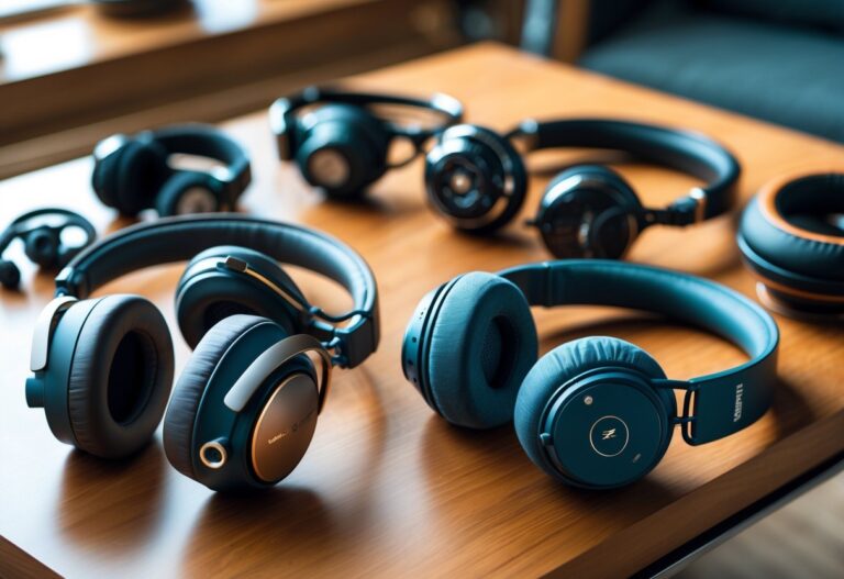 Vários fones de ouvido premium organizados sobre uma mesa de madeira, com diferentes estilos e designs.
