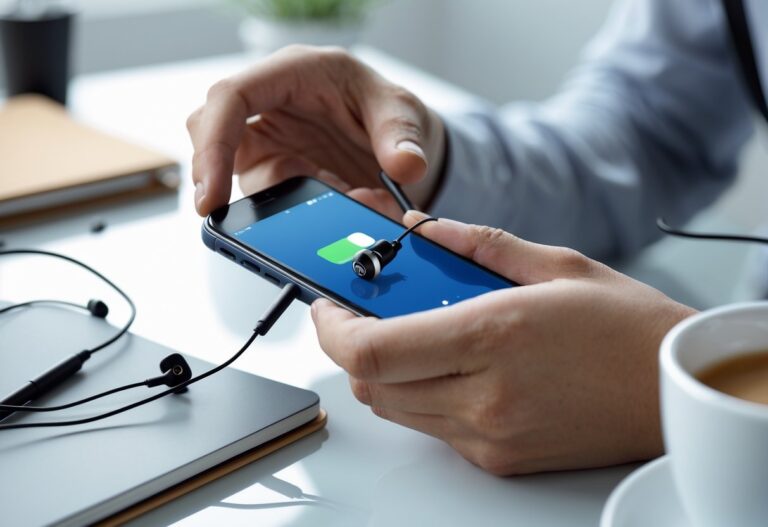 Pessoa segurando um celular e um fone com fio próximo à entrada de áudio, com expressão de concentração, em uma mesa com objetos de trabalho ao fundo.