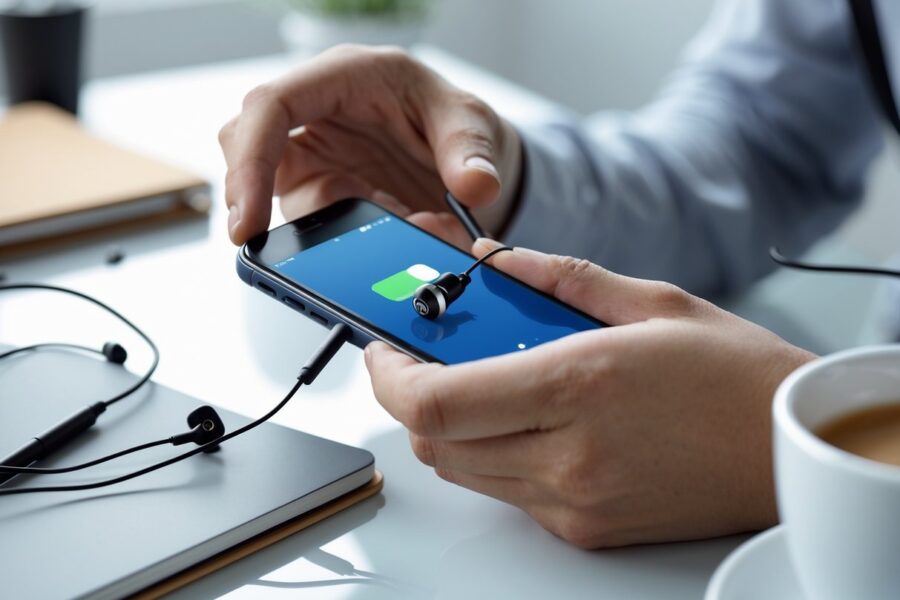 Pessoa segurando um celular e um fone com fio próximo à entrada de áudio, com expressão de concentração, em uma mesa com objetos de trabalho ao fundo.