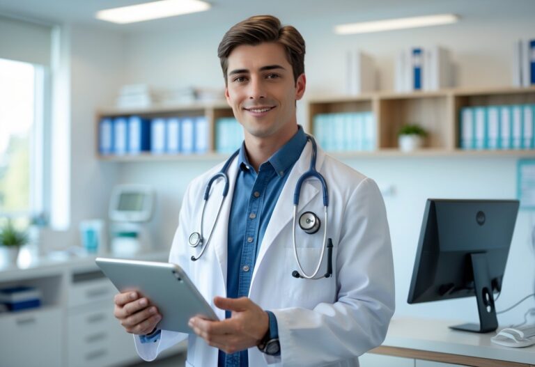 Médico jovem em consultório moderno, vestindo jaleco branco e segurando um tablet digital.