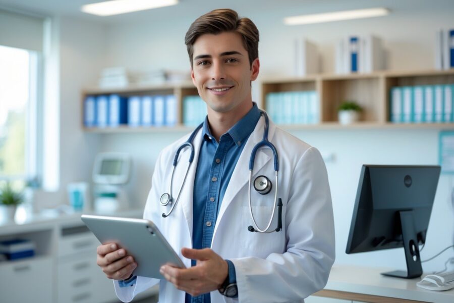 Médico jovem em consultório moderno, vestindo jaleco branco e segurando um tablet digital.
