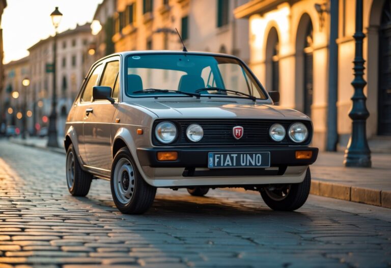 Um carro Fiat Uno clássico estacionado em uma rua urbana com prédios históricos ao fundo.