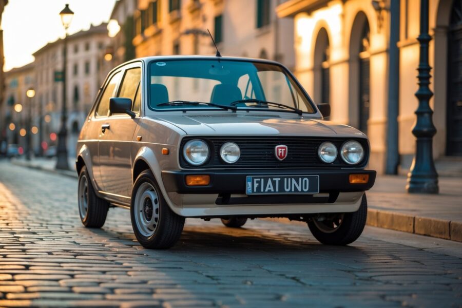 Um carro Fiat Uno clássico estacionado em uma rua urbana com prédios históricos ao fundo.