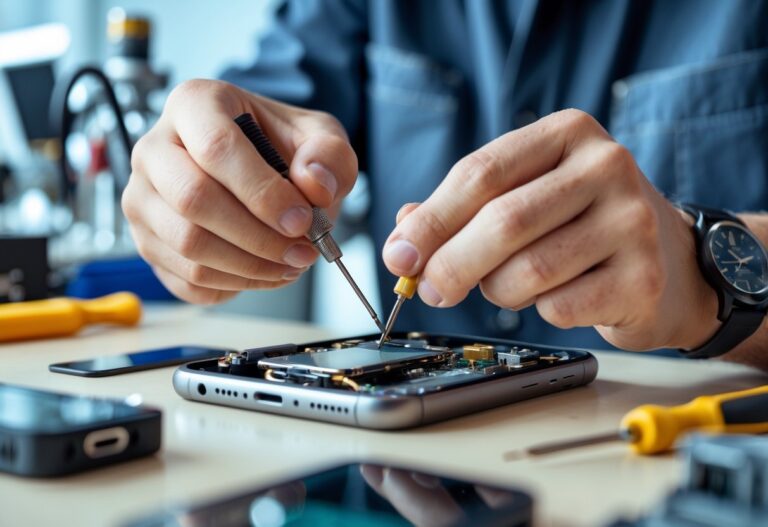 Técnico reparando a antena de um celular em uma bancada de trabalho limpa e bem iluminada.