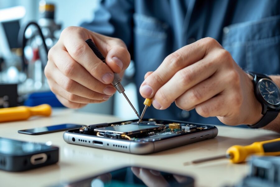 Técnico reparando a antena de um celular em uma bancada de trabalho limpa e bem iluminada.