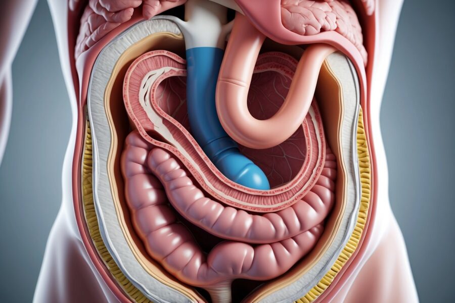 Imagem médica mostrando uma visão em corte do estômago e do piloro aberto, conectando o estômago ao intestino delgado.