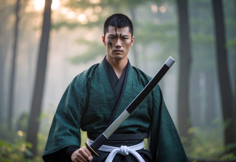 Um jovem guerreiro com cabelo curto e uma cicatriz na testa, vestindo uma roupa tradicional verde e preta, segurando uma espada em uma floresta enevoada pela manhã.