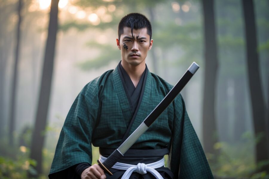 Um jovem guerreiro com cabelo curto e uma cicatriz na testa, vestindo uma roupa tradicional verde e preta, segurando uma espada em uma floresta enevoada pela manhã.