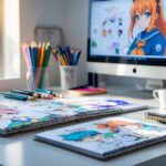 Mesa de trabalho organizada com materiais de desenho e ilustrações coloridas de personagens em estilo anime.