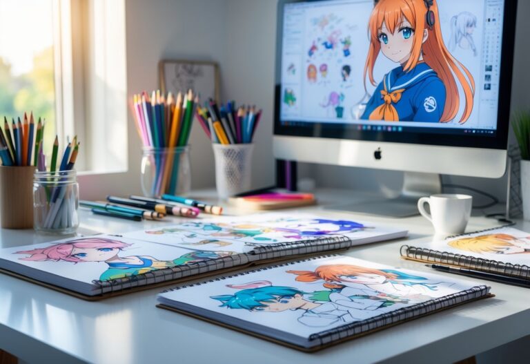 Mesa de trabalho organizada com materiais de desenho e ilustrações coloridas de personagens em estilo anime.