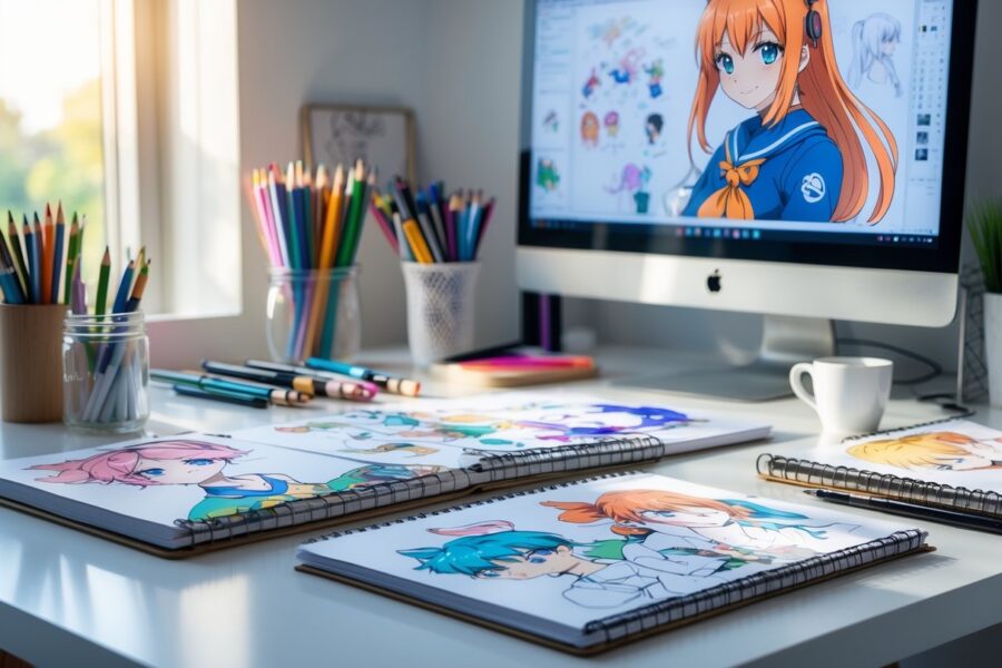 Mesa de trabalho organizada com materiais de desenho e ilustrações coloridas de personagens em estilo anime.