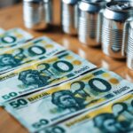Notas de cinquenta reais ao lado de latinhas de refrigerante sobre uma mesa de madeira.