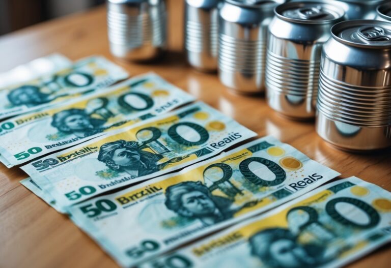 Notas de cinquenta reais ao lado de latinhas de refrigerante sobre uma mesa de madeira.
