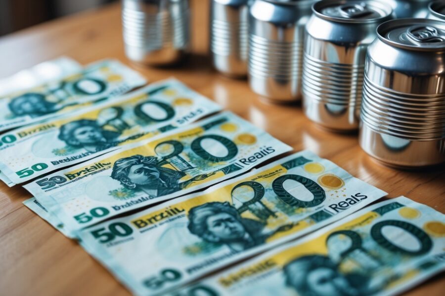 Notas de cinquenta reais ao lado de latinhas de refrigerante sobre uma mesa de madeira.