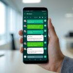 Pessoa segurando um smartphone mostrando a tela de um aplicativo de mensagens com contatos, em um ambiente de escritório desfocado ao fundo.