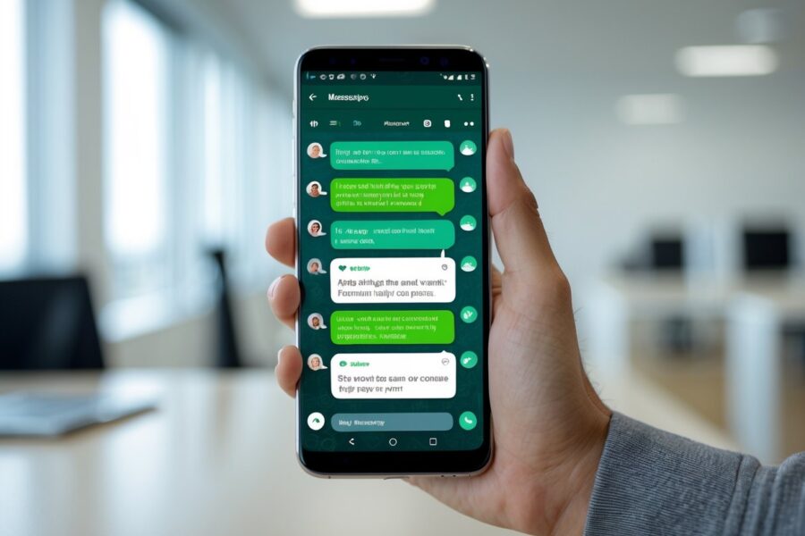Pessoa segurando um smartphone mostrando a tela de um aplicativo de mensagens com contatos, em um ambiente de escritório desfocado ao fundo.