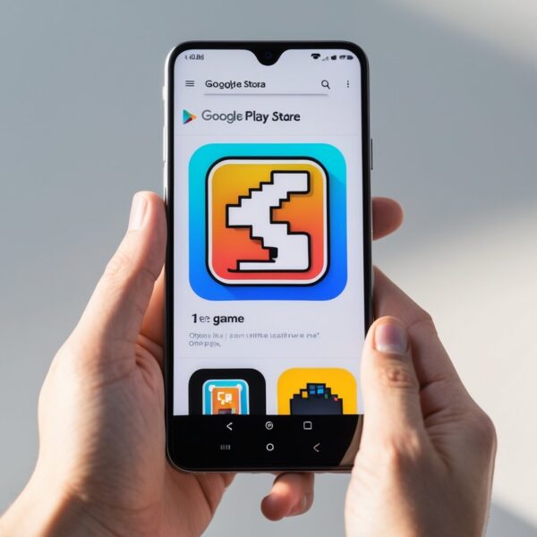 Pessoa segurando um smartphone com a tela aberta no aplicativo Google Play Store mostrando o ícone de um jogo clássico.