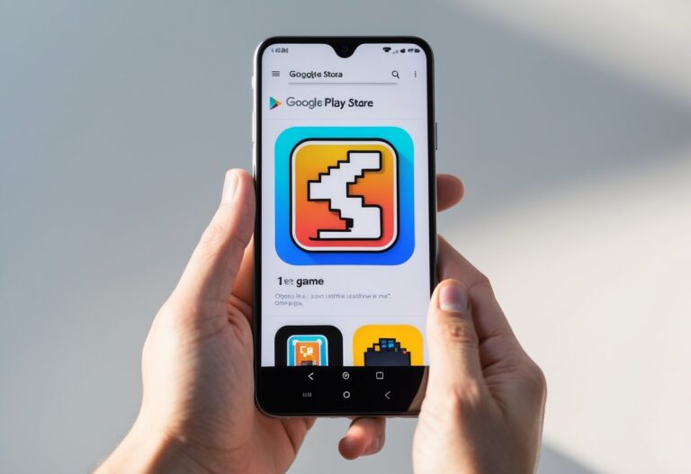 Pessoa segurando um smartphone com a tela aberta no aplicativo Google Play Store mostrando o ícone de um jogo clássico.