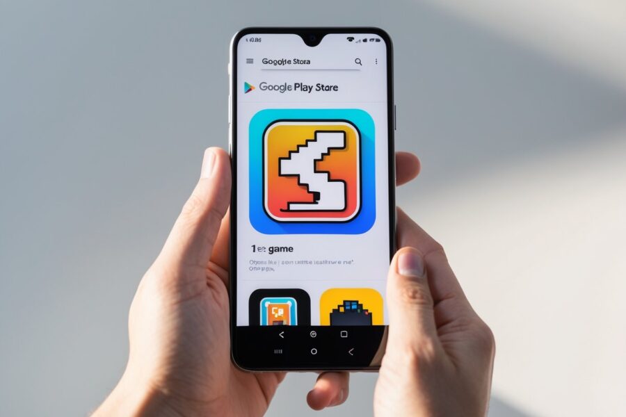 Pessoa segurando um smartphone com a tela aberta no aplicativo Google Play Store mostrando o ícone de um jogo clássico.