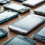 Vários celulares antigos e danificados espalhados sobre uma mesa de madeira.
