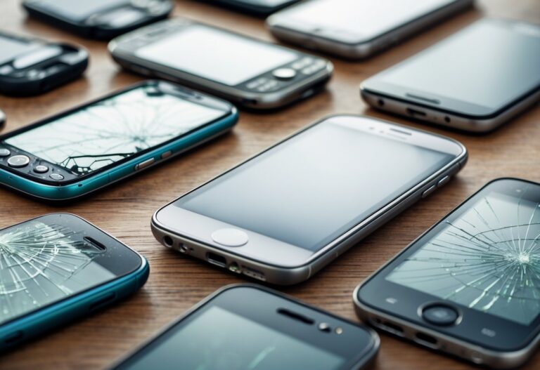 Vários celulares antigos e danificados espalhados sobre uma mesa de madeira.