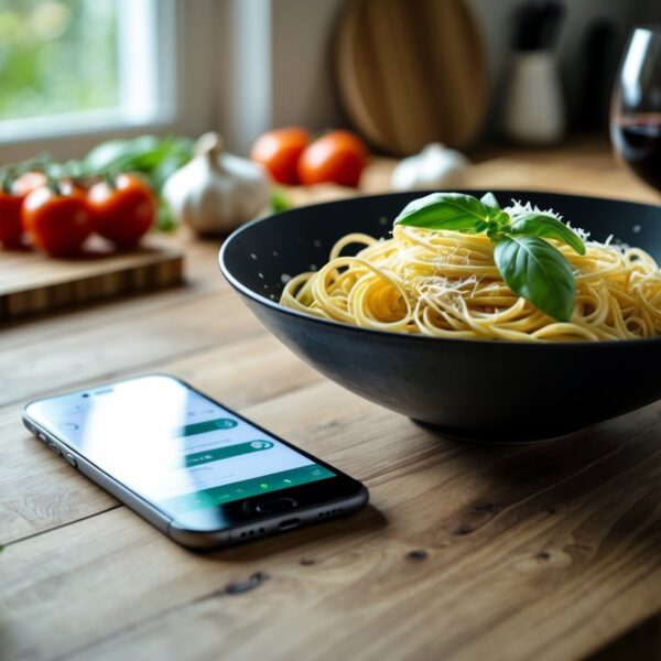 Mesa de cozinha com uma tigela de macarrão fresco e um celular ao lado mostrando uma conversa privada borrada.