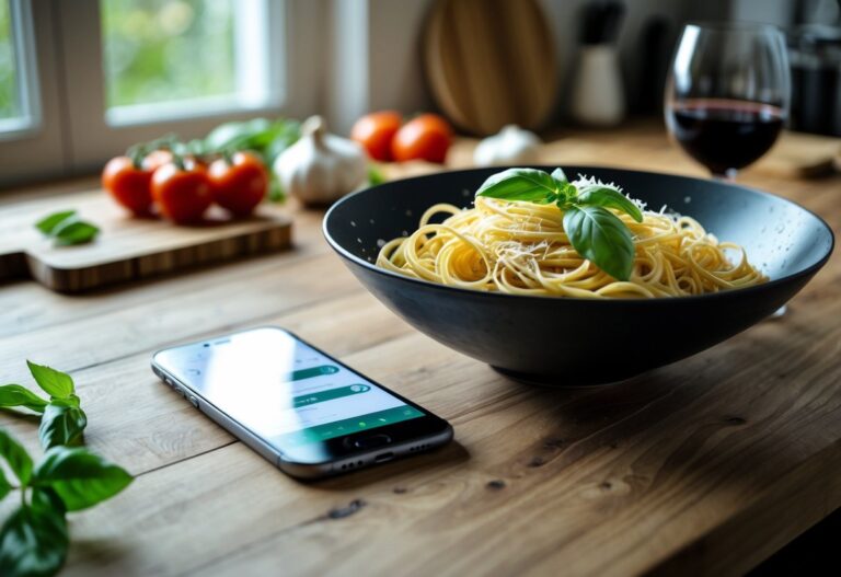 Mesa de cozinha com uma tigela de macarrão fresco e um celular ao lado mostrando uma conversa privada borrada.