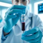 Mãos de um profissional de saúde segurando um tubo de ensaio com amostra de sangue em um laboratório médico moderno.