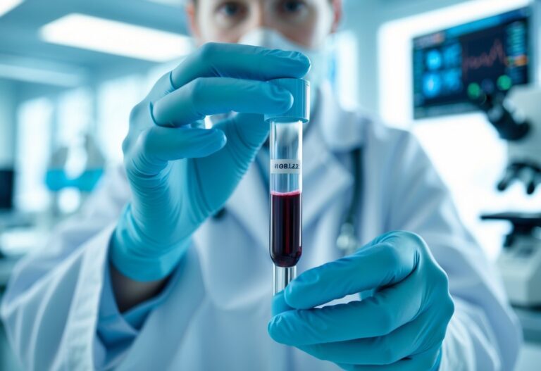 Mãos de um profissional de saúde segurando um tubo de ensaio com amostra de sangue em um laboratório médico moderno.