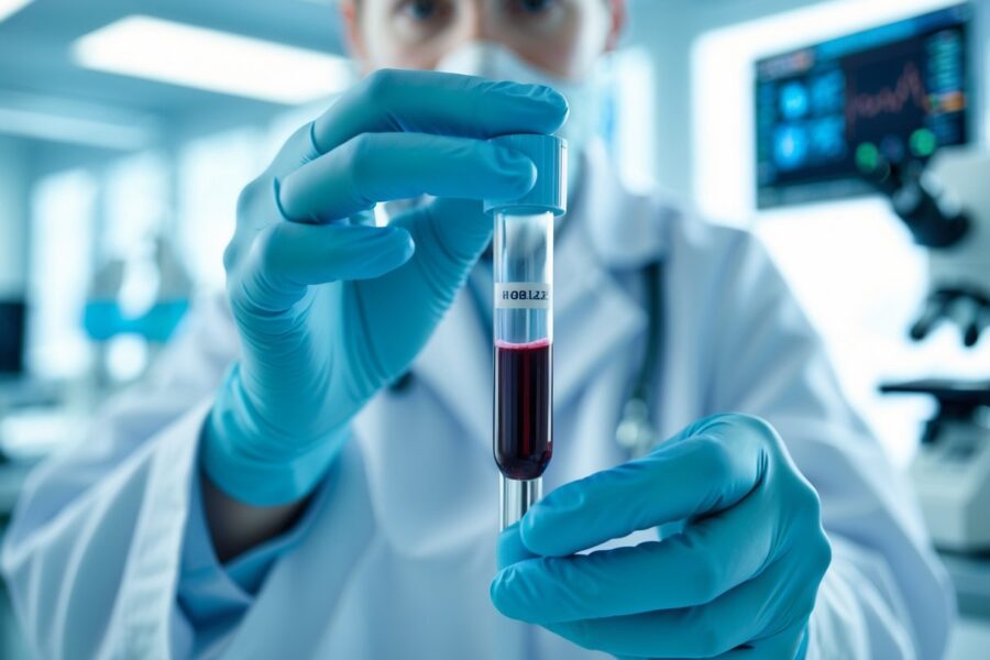 Mãos de um profissional de saúde segurando um tubo de ensaio com amostra de sangue em um laboratório médico moderno.