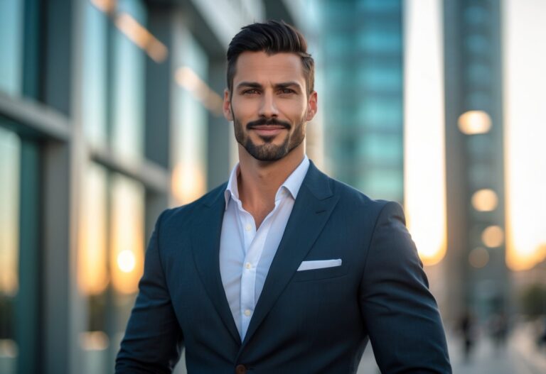 Homem alto e confiante vestido com terno escuro em ambiente urbano moderno durante o dia.