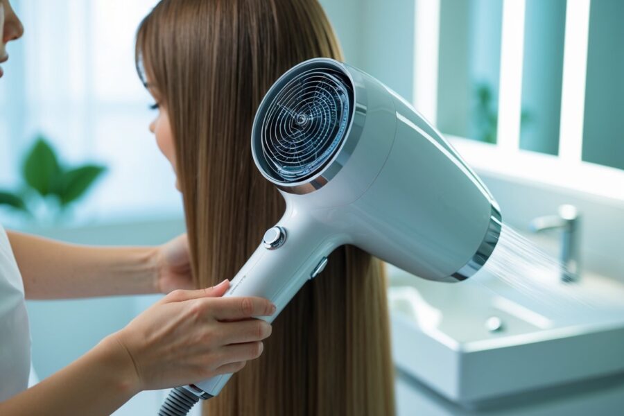 Pessoa usando um secador de cabelo próximo ao couro cabeludo em um banheiro claro e limpo.