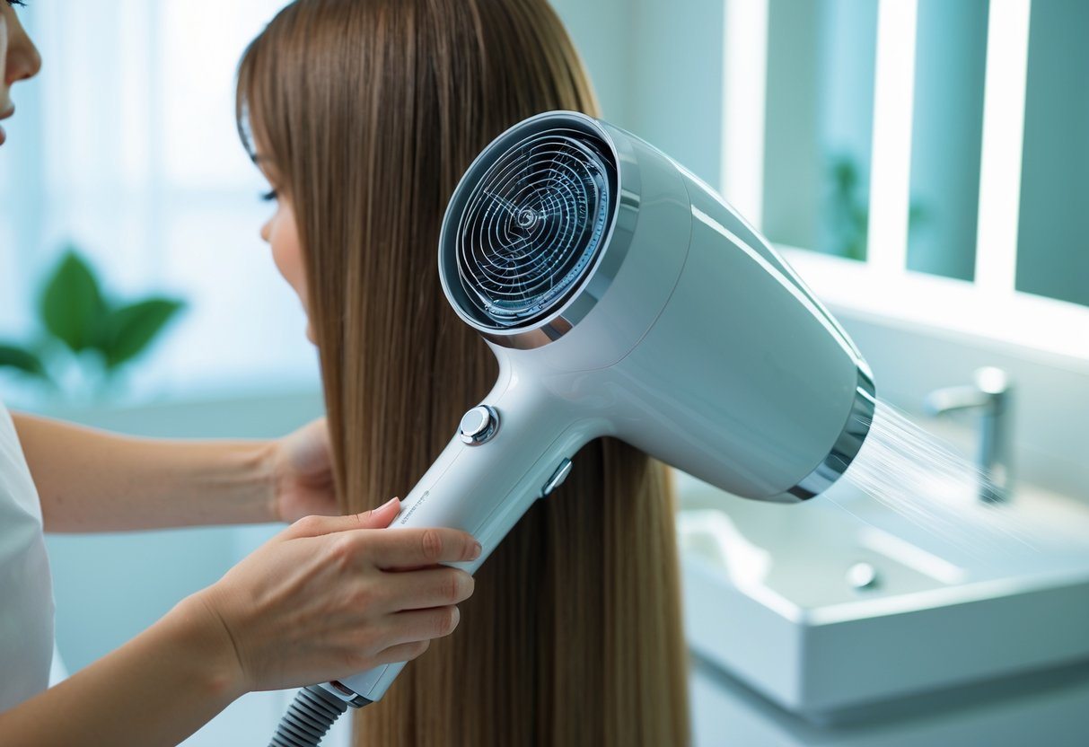 Pessoa usando um secador de cabelo próximo ao couro cabeludo em um banheiro claro e limpo.