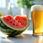 Fatias de melancia ao lado de um copo de cerveja gelada sobre uma bancada de cozinha.