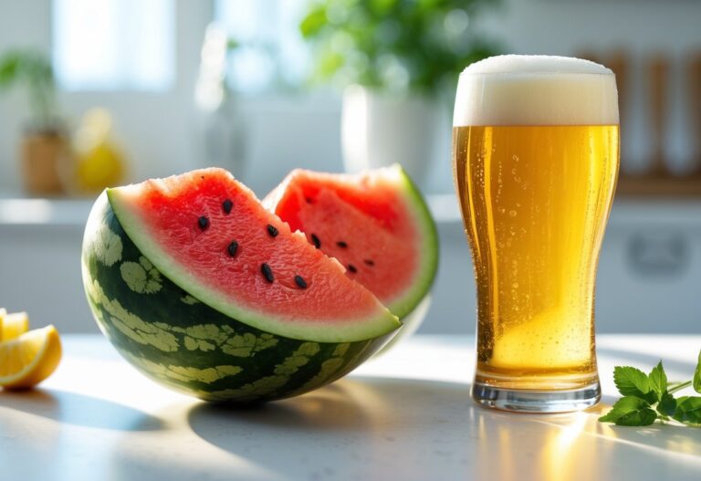 Fatias de melancia ao lado de um copo de cerveja gelada sobre uma bancada de cozinha.