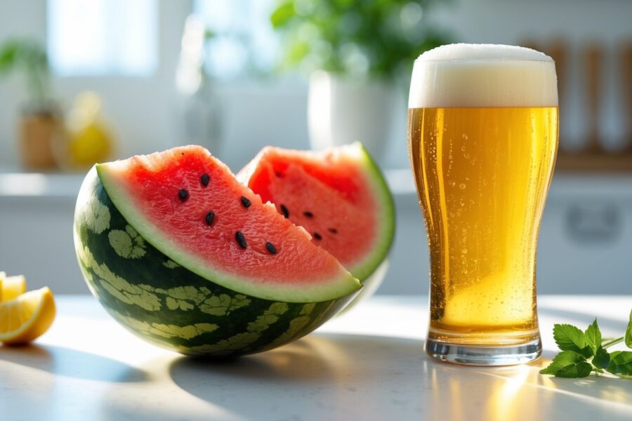 Fatias de melancia ao lado de um copo de cerveja gelada sobre uma bancada de cozinha.