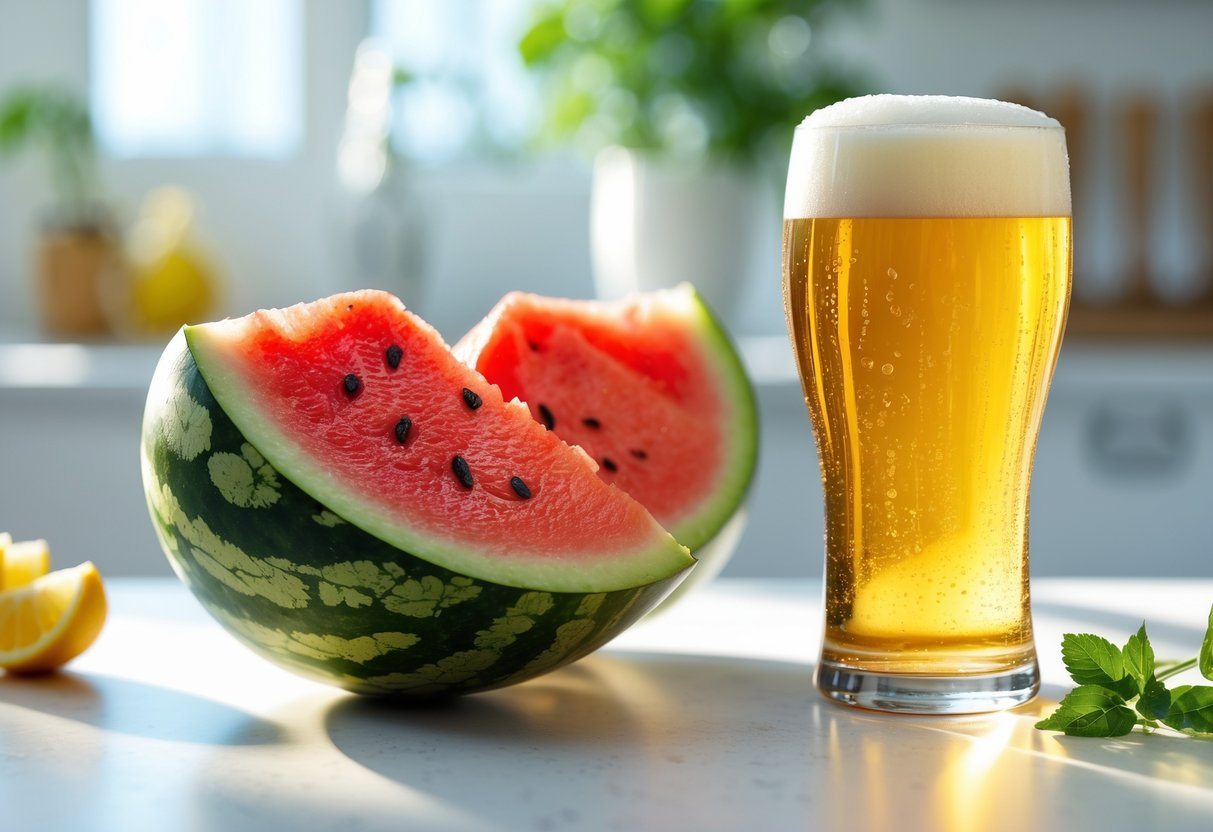 Fatias de melancia ao lado de um copo de cerveja gelada sobre uma bancada de cozinha.