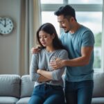 Um casal em uma sala de estar, a mulher sentada com expressão pensativa e o homem em pé com expressão esperançosa, simbolizando o término e a volta em um relacionamento.