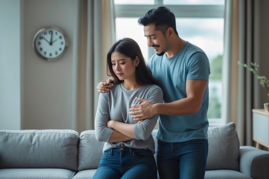 Um casal em uma sala de estar, a mulher sentada com expressão pensativa e o homem em pé com expressão esperançosa, simbolizando o término e a volta em um relacionamento.