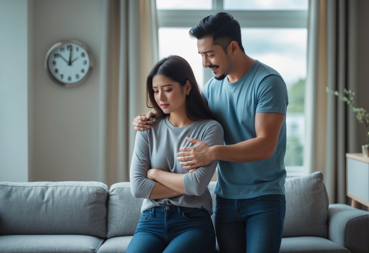 Um casal em uma sala de estar, a mulher sentada com expressão pensativa e o homem em pé com expressão esperançosa, simbolizando o término e a volta em um relacionamento.