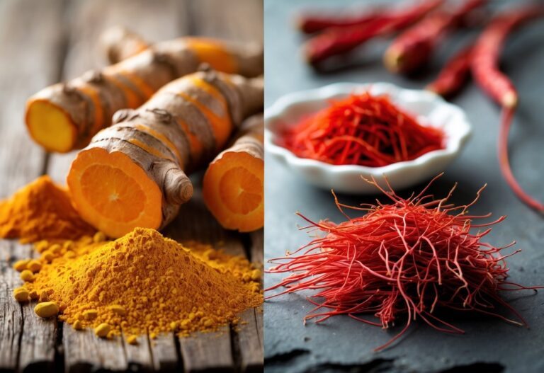 Raízes e pó de cúrcuma ao lado de fios e pó de açafrão dispostos em superfícies rústicas e cerâmicas.