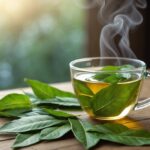 Uma xícara de chá de louro quente em uma mesa de madeira com folhas de louro frescas ao lado.