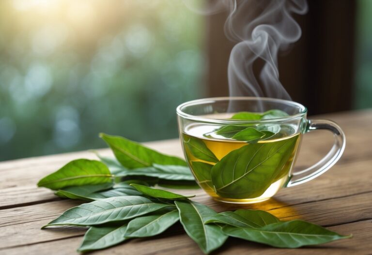 Uma xícara de chá de louro quente em uma mesa de madeira com folhas de louro frescas ao lado.