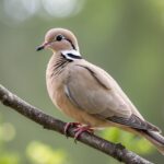 Uma rolinha pequena pousada em um galho de árvore em um ambiente natural com folhas verdes ao fundo.